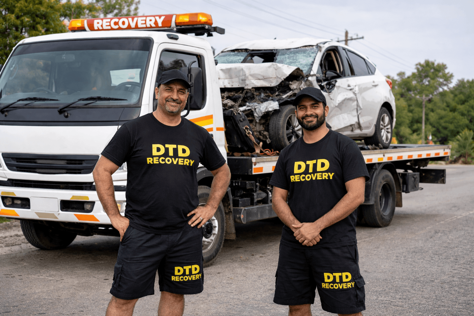 DTD Recovery team standing with tow truck and recovered vehicle